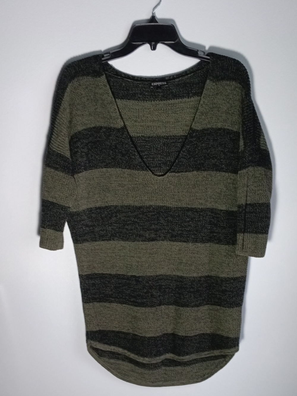 Express Olive Green and Black Striped V-Neck Sweater Tunic